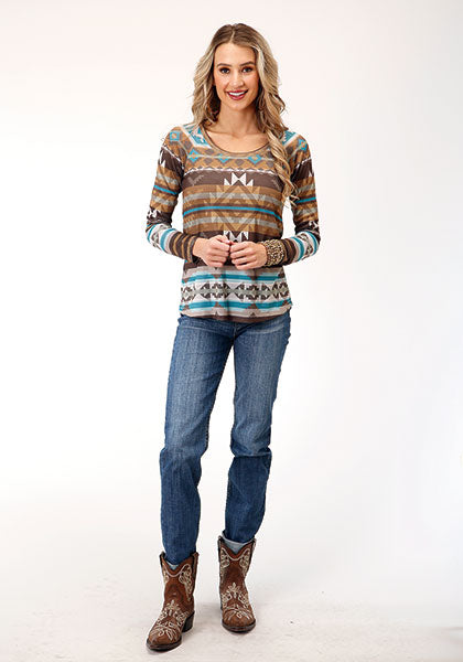 Roper® Women's Brown Aztec Print Long Sleeve Jersey Top