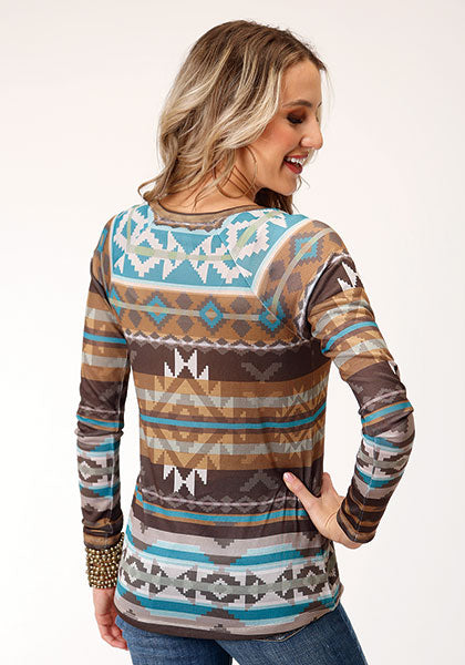 Roper® Women's Brown Aztec Print Long Sleeve Jersey Top