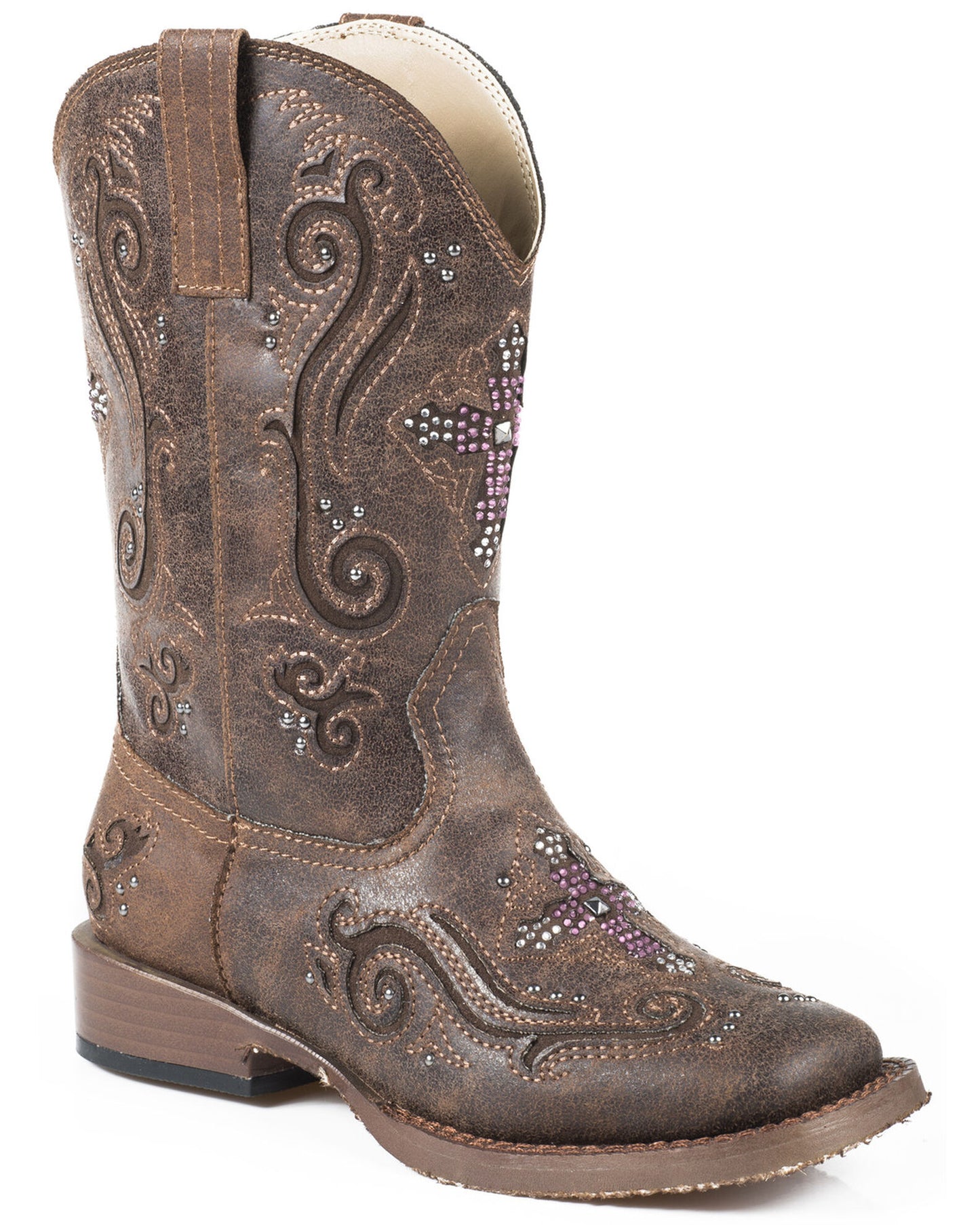 Roper® Toddler Faith Vintage Brown Crystal Cross Faux Leather Cowboy Boots