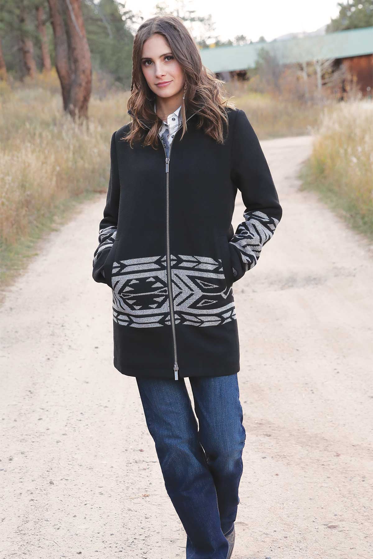 Cruel Girl® Women's Black Aztec Accent Full Zip Walking Coat