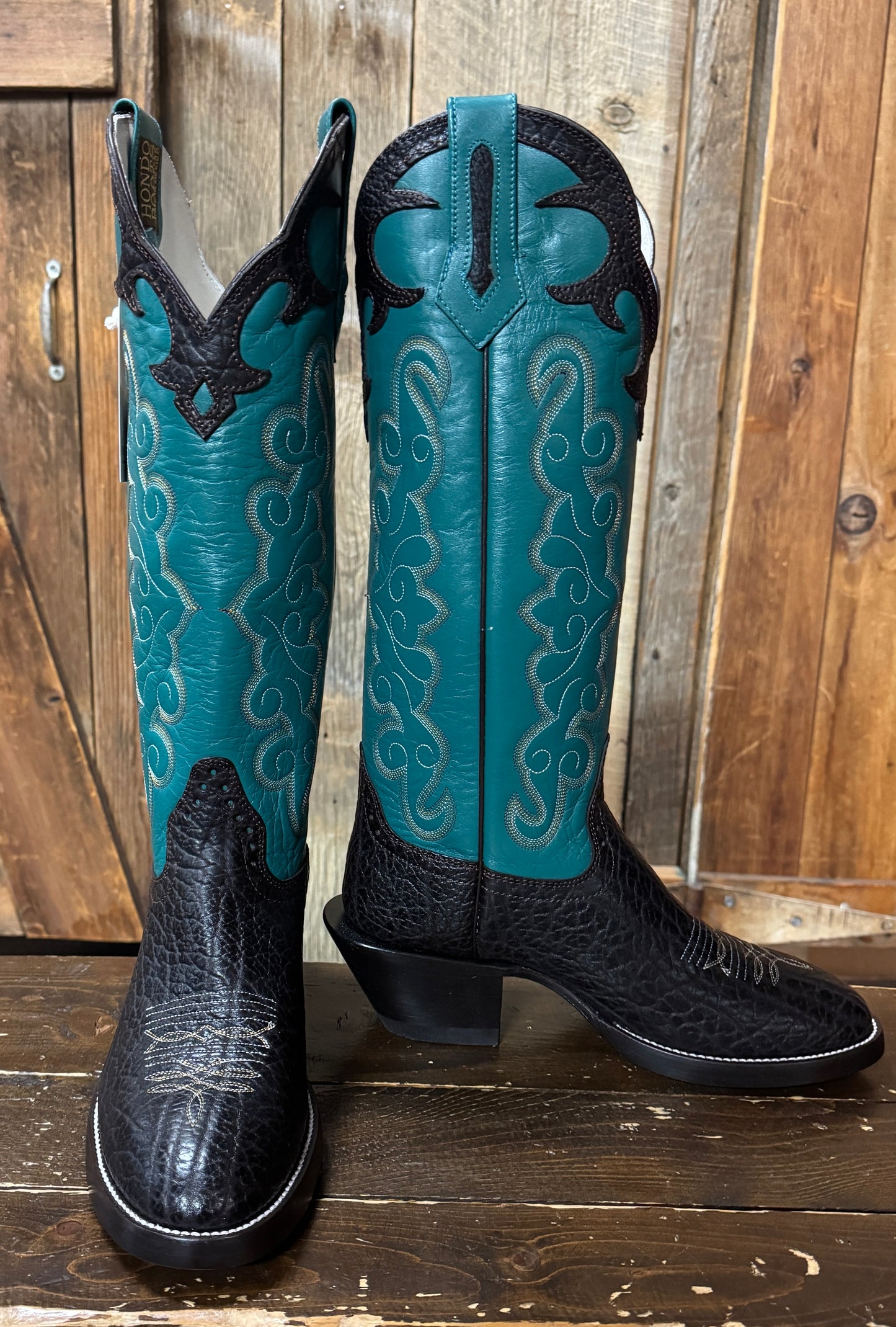 Hondo Solano® Buckaroo Turquoise & Chocolate Bullhide Full Grain Leather Tall Top Cowboy Boots
