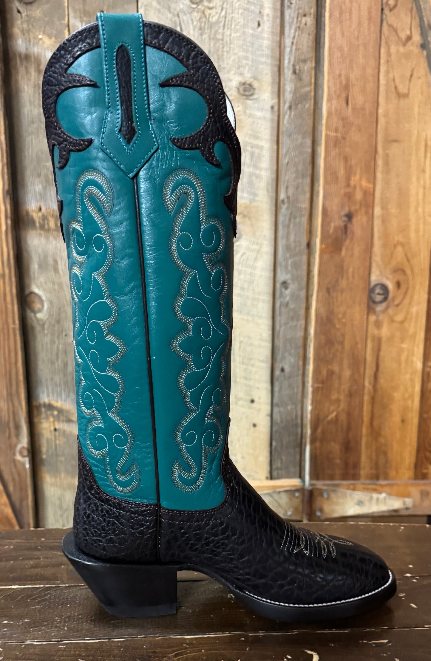 Hondo Solano® Buckaroo Turquoise & Chocolate Bullhide Full Grain Leather Tall Top Cowboy Boots
