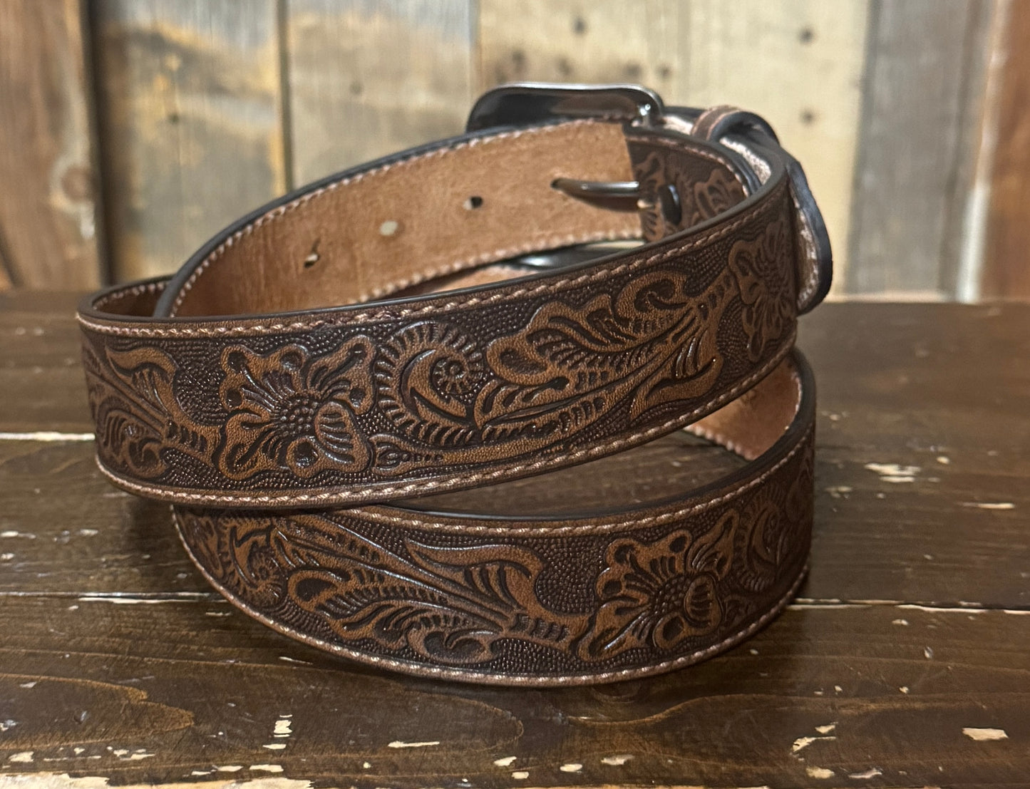 Heritage Leathers® Brown Floral Embossed Full-Grain Leather Belt