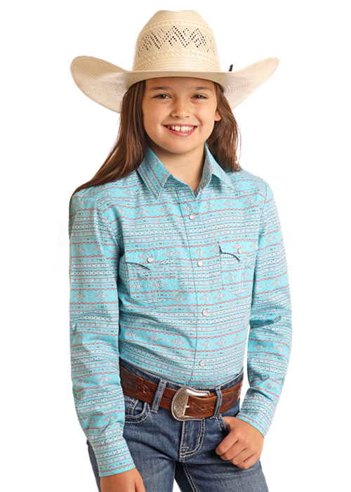 Panhandle Slim® Girls Turquoise Aztec Stripe Long Sleeve Snap Front Shirt