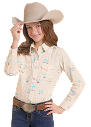 Panhandle Girls' Cactus Print Long Sleeve Pearl Snap Western Shirt