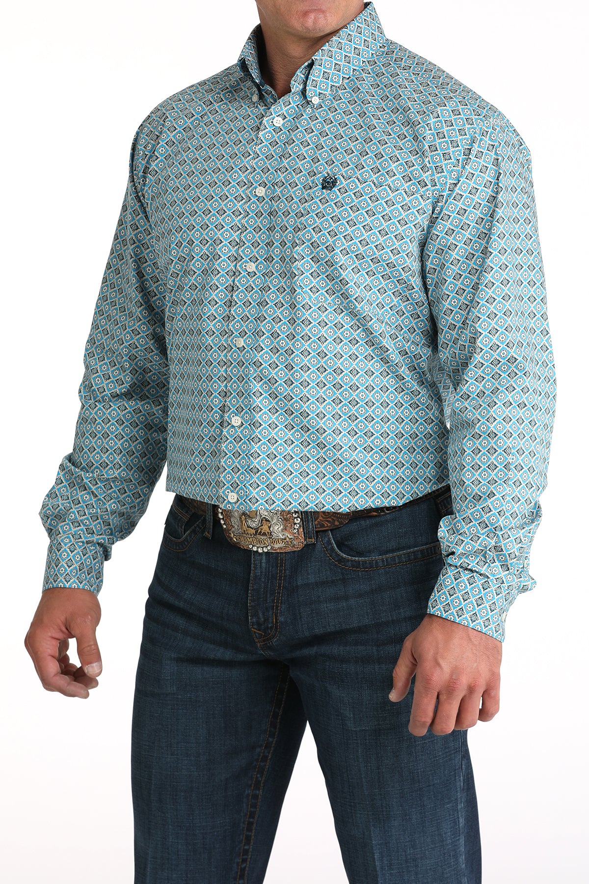 Cinch® Men's Blue Geo Print Cotton Long Sleeve Button Front Shirt