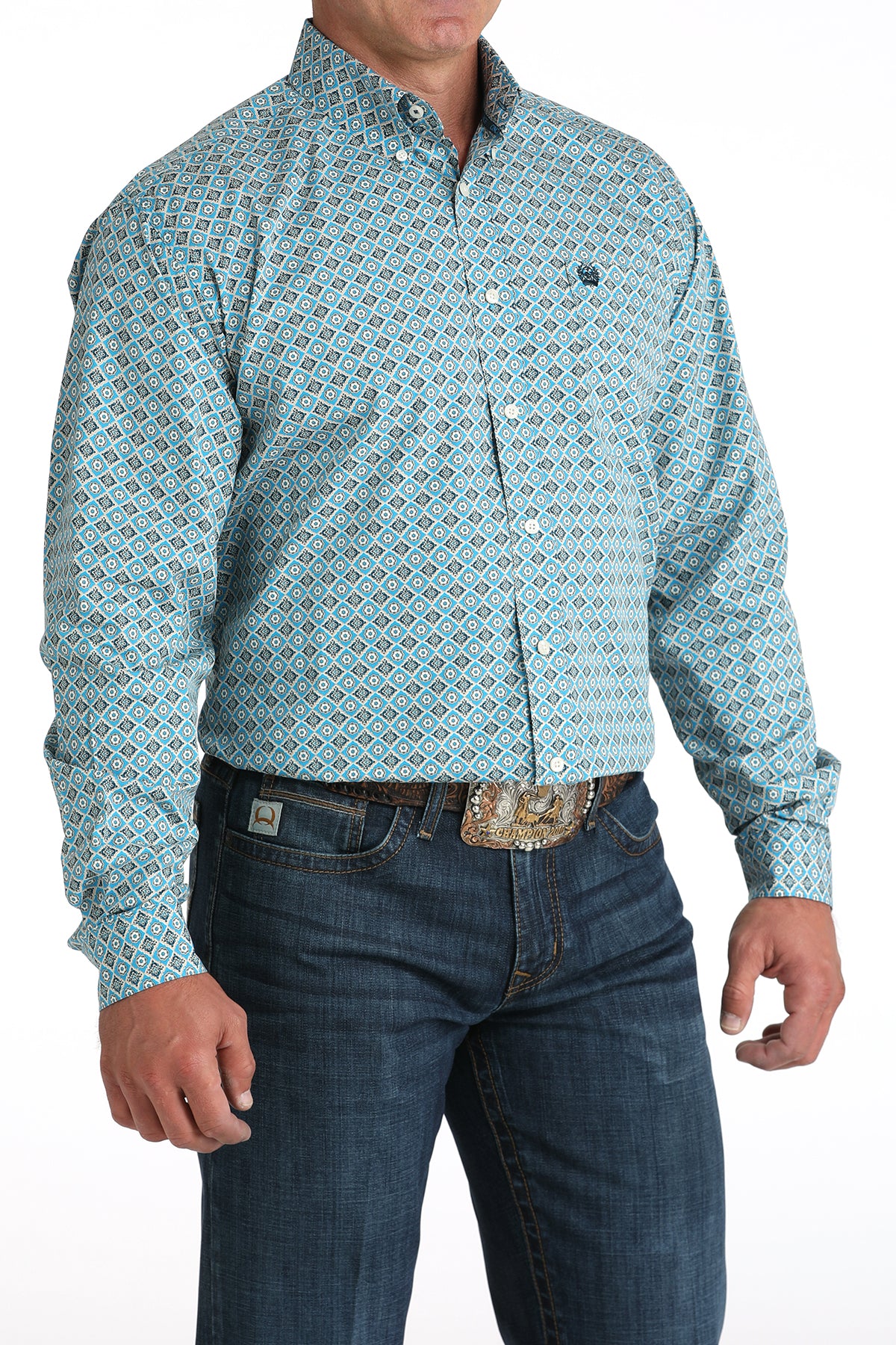 Cinch® Men's Blue Geo Print Cotton Long Sleeve Button Front Shirt