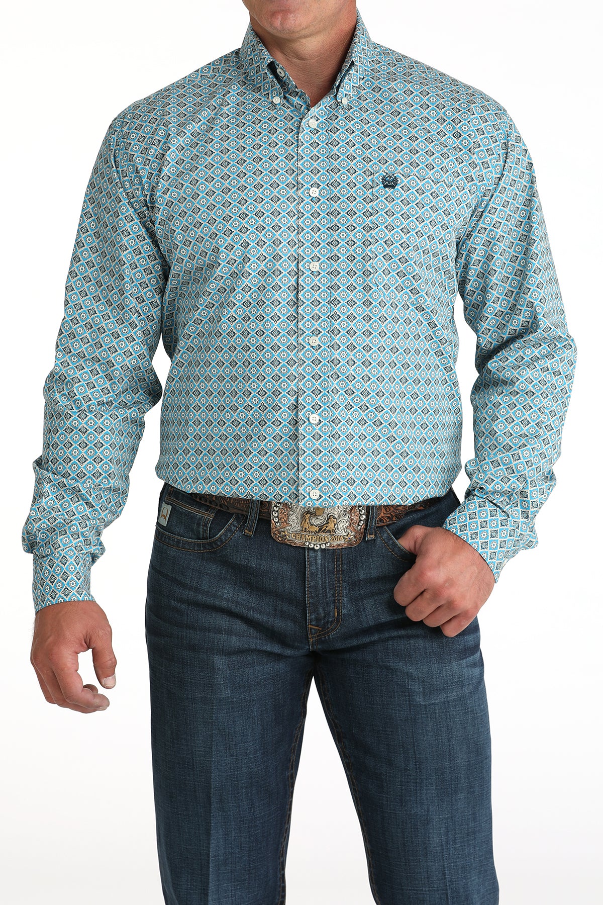Cinch® Men's Blue Geo Print Cotton Long Sleeve Button Front Shirt