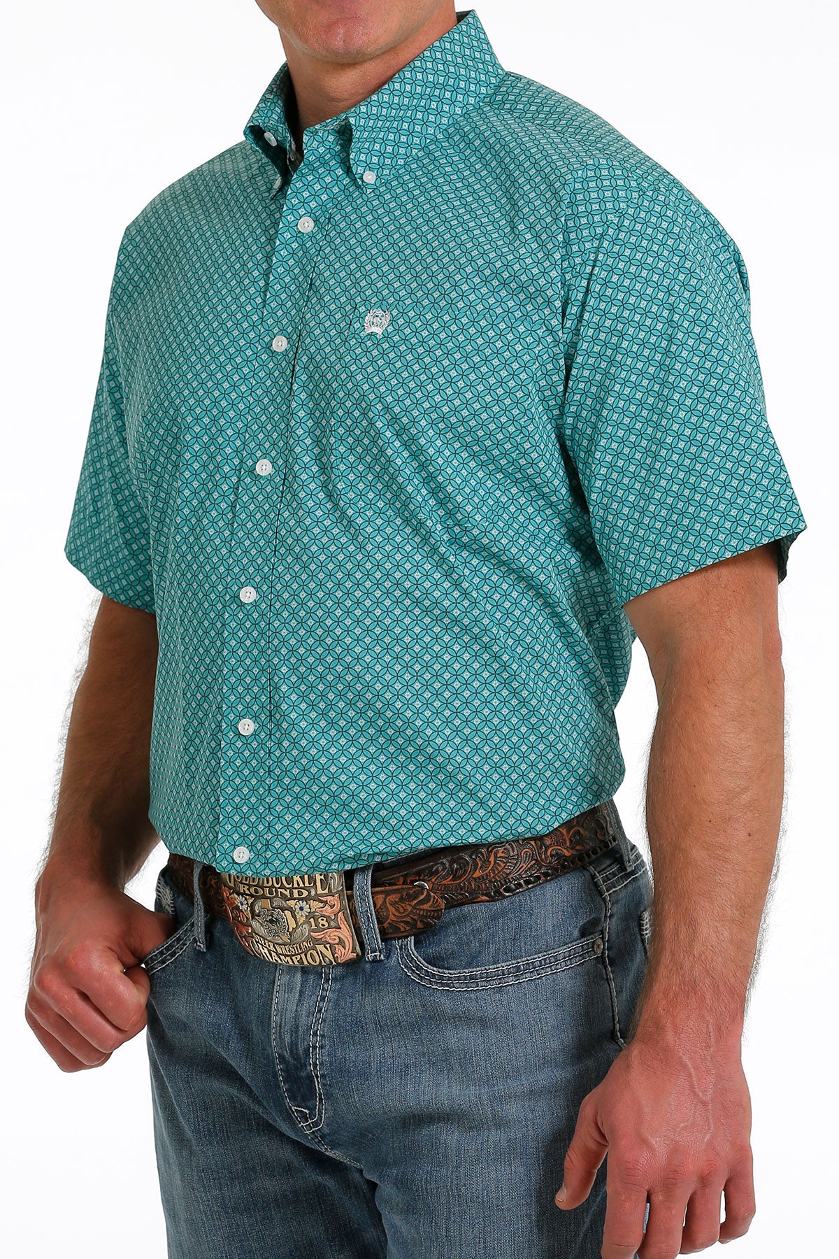 Cinch® Men's Turquoise Geo Print Short Sleeve Button Front Western Shi Cinch® Men's Turquoise Geo Print Short Sleeve Button Front Western Shi