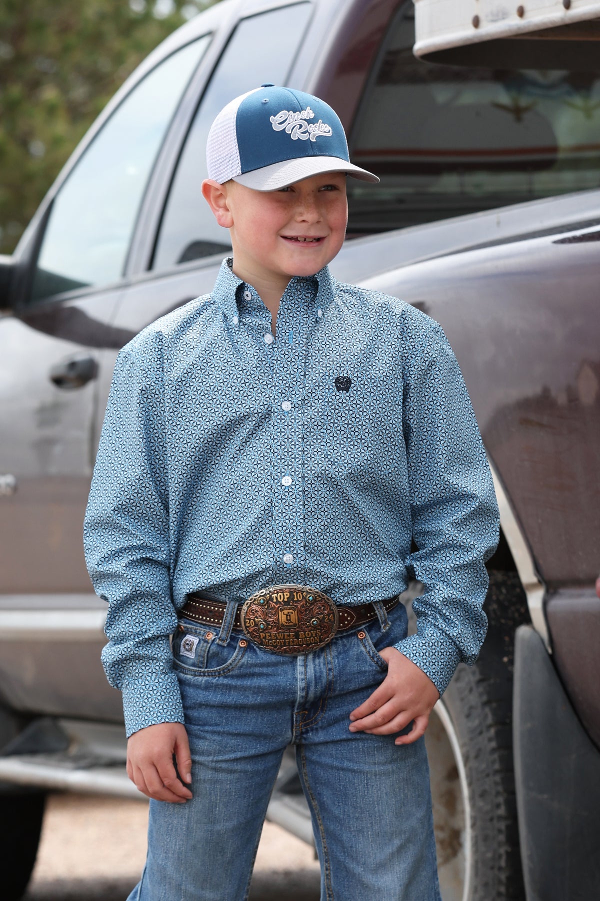 Cinch® Boy's Blue Geo Print Long Sleeve Button Front Shirt