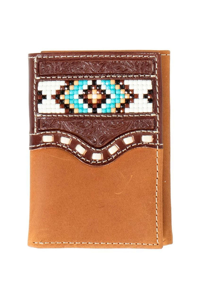 Nocona® Men's Brown Leather Floral Embossed & Beaded Trifold Wallet