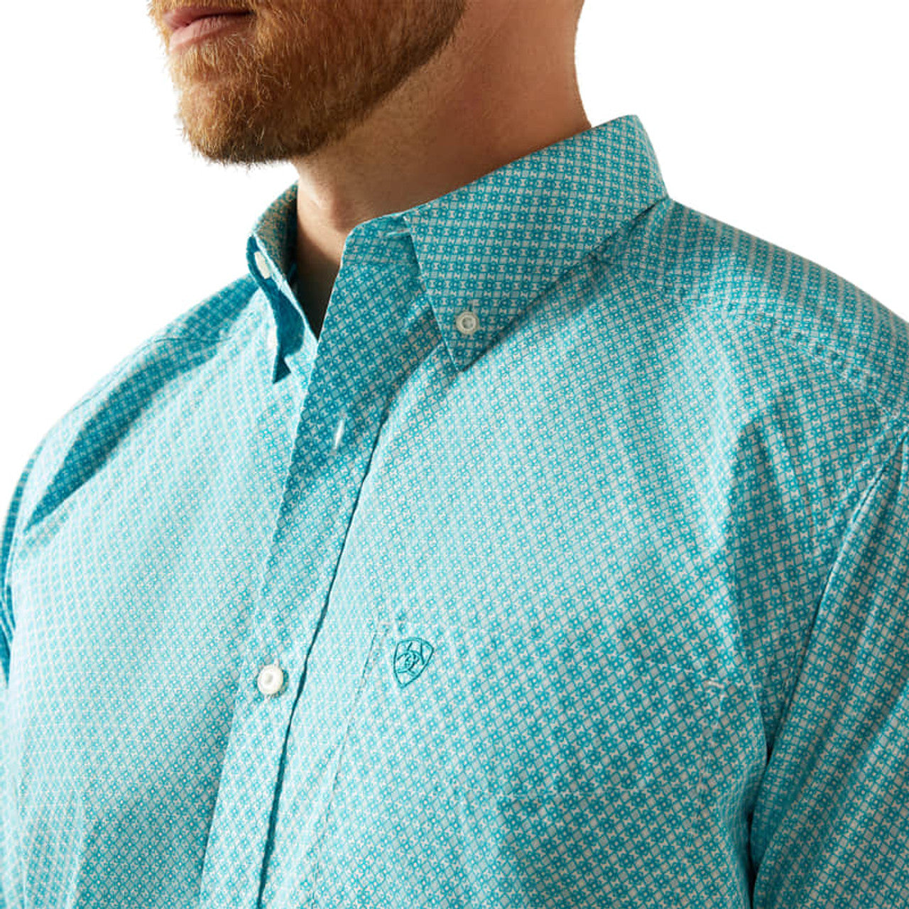 Ariat® Men's Light Blue Geo Print Short Sleeve Button Front Shirt
