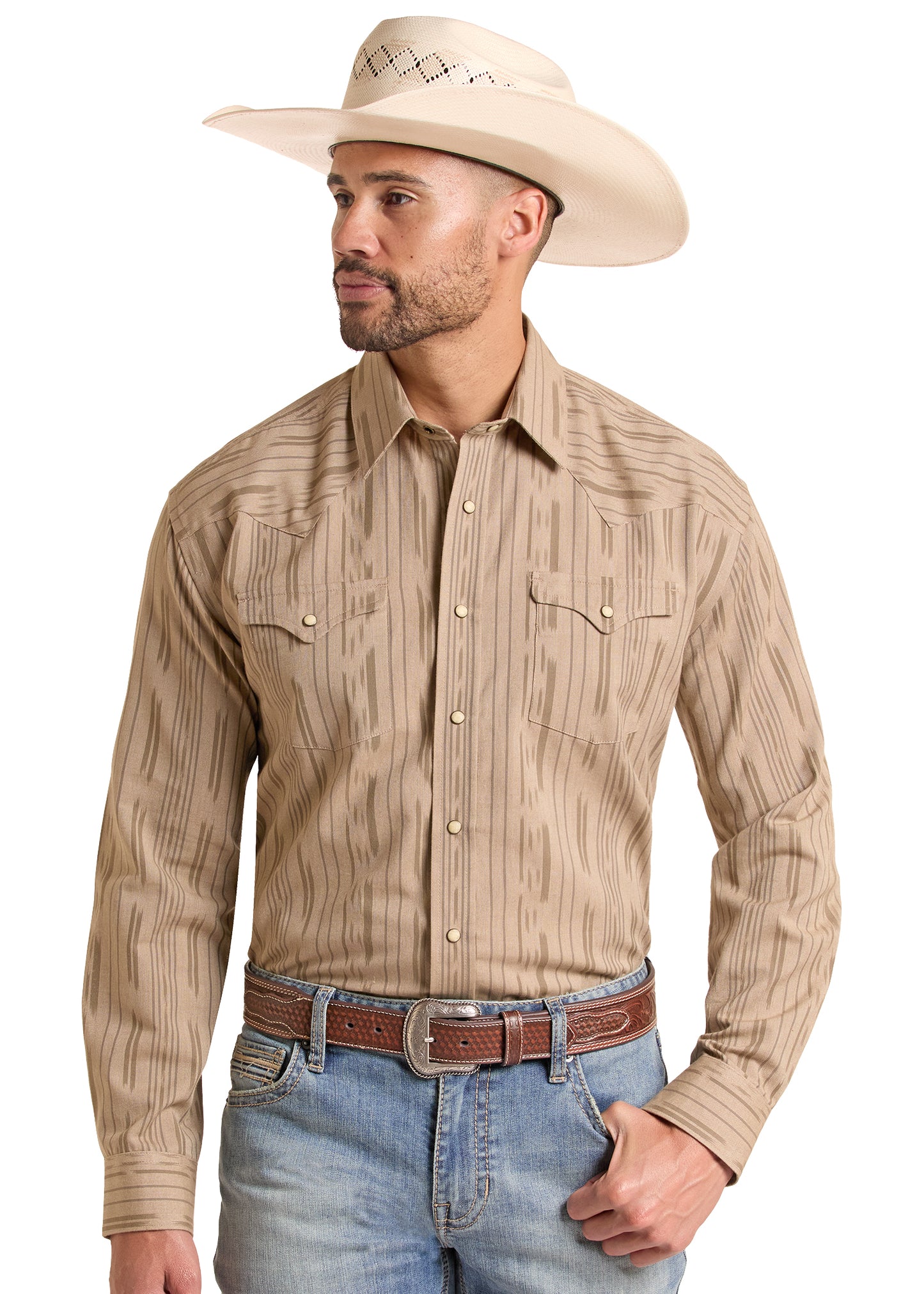 Panhandle Slim® Men's Khaki Stripe Long Sleeve Snap Front Western Shirt