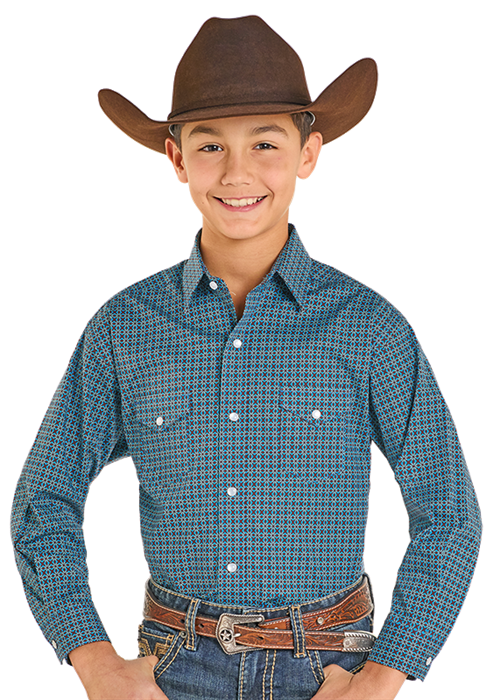 Panhandle Slim® Boys Rock N Roll Blue Geo Print Long Sleeve Snap Front Shirt