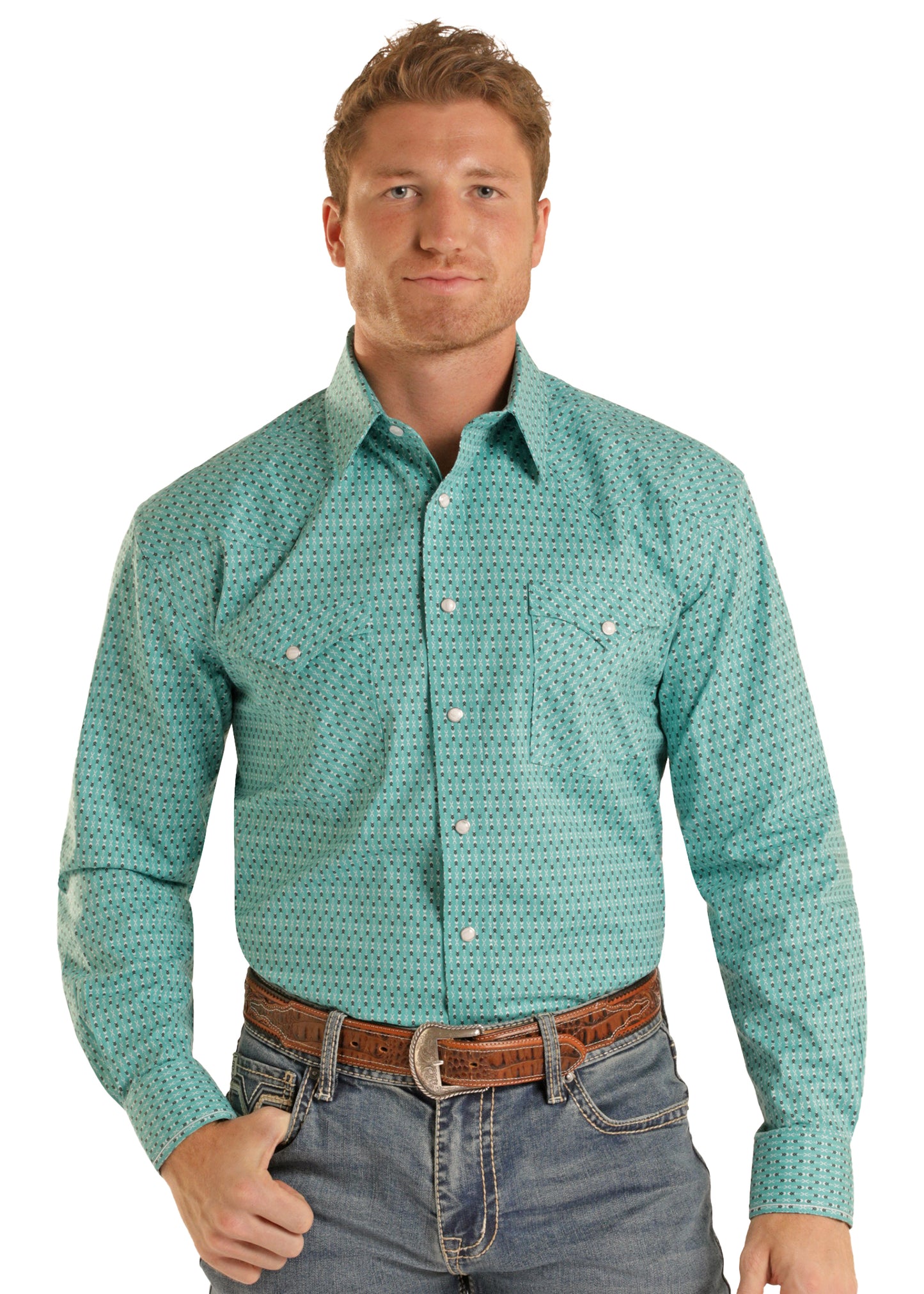 Panhandle Slim® Men's Turquoise Geo Print Long Sleeve Snap Front Western Shirt