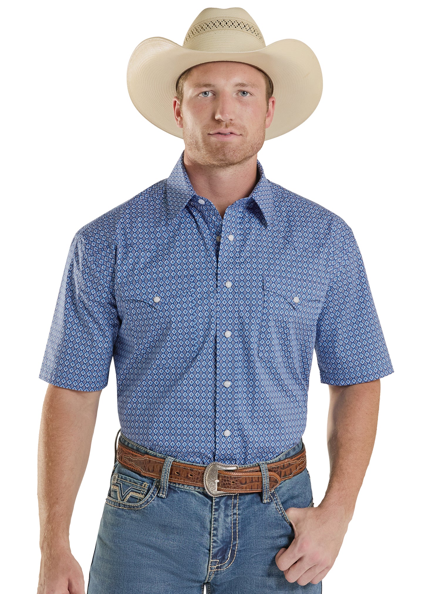Panhandle Slim® Men's Navy Geo Print Short Sleeve Snap Front Western Shirt