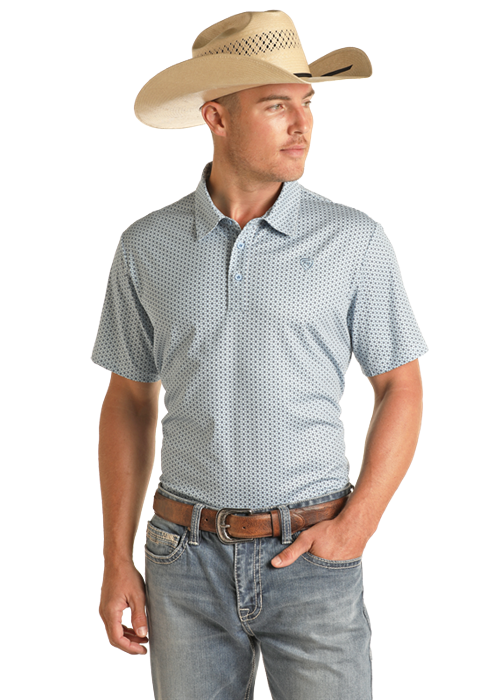 Panhandle Slim Men s Blue Geo Print Short Sleeve Polo Shirt Solano s Boot Western Wear