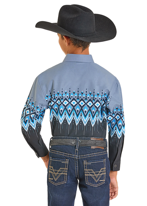 Panhandle Slim® Boys Blue Aztec Border Long Sleeve Snap Front Western Shirt