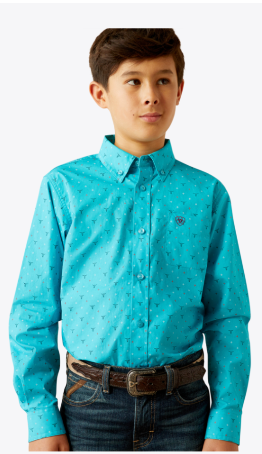 Ariat® Boys Turquoise Printed Long Sleeve Button Front Shirt