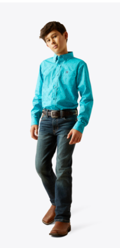 Ariat® Boys Turquoise Printed Long Sleeve Button Front Shirt