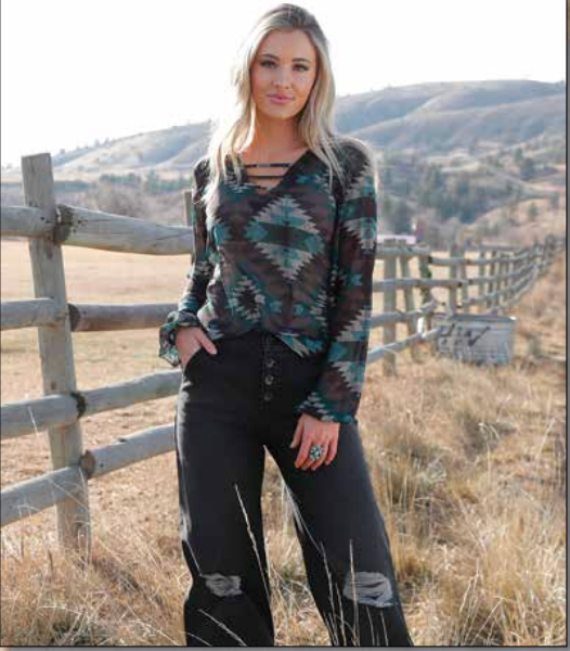 Cruel Girl® Women's Black Southwest Print Long Sleeve Blouse