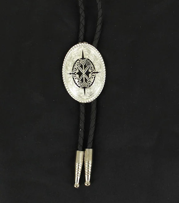 Double S® Silver Oval Black Leatherette Bolo Tie