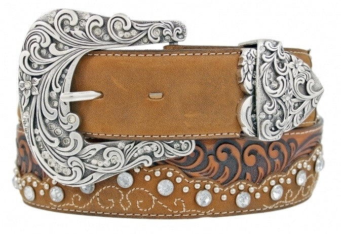 Tony Lama Women's Tooled Rhinestone Leather Belt