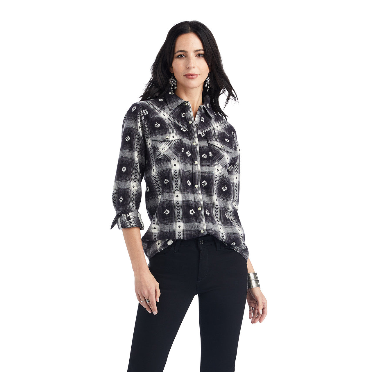 Ariat® Women's Black Plaid Aztec Long Sleeve Snap Front Western