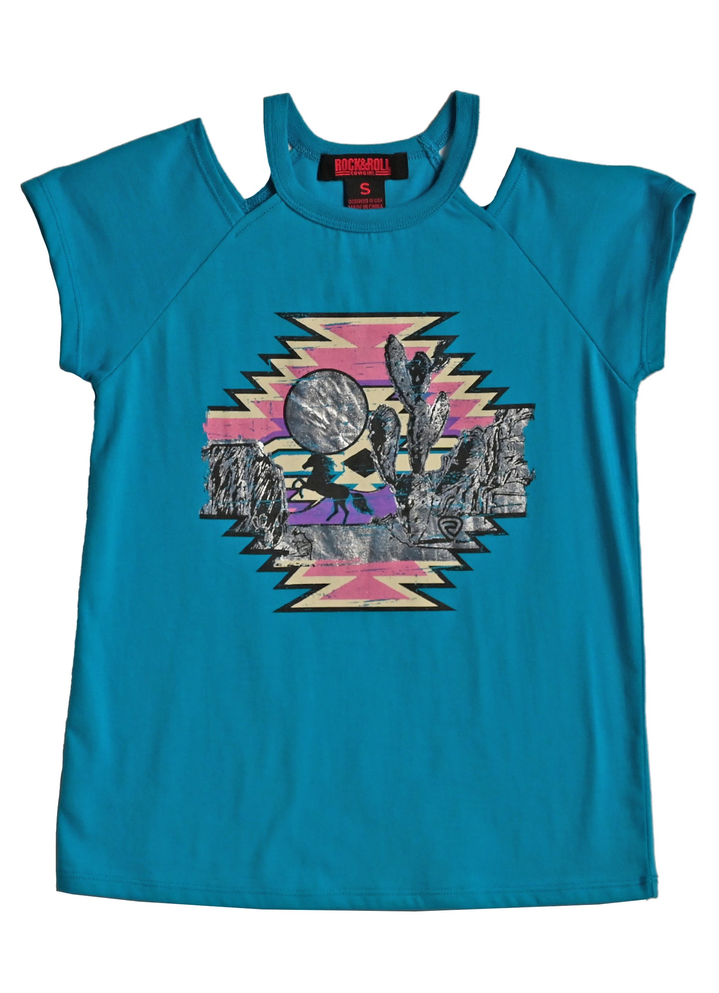 Panhandle Slim® Girl's Teal Southwest Horse Print Crop Sleeve T-Shirt