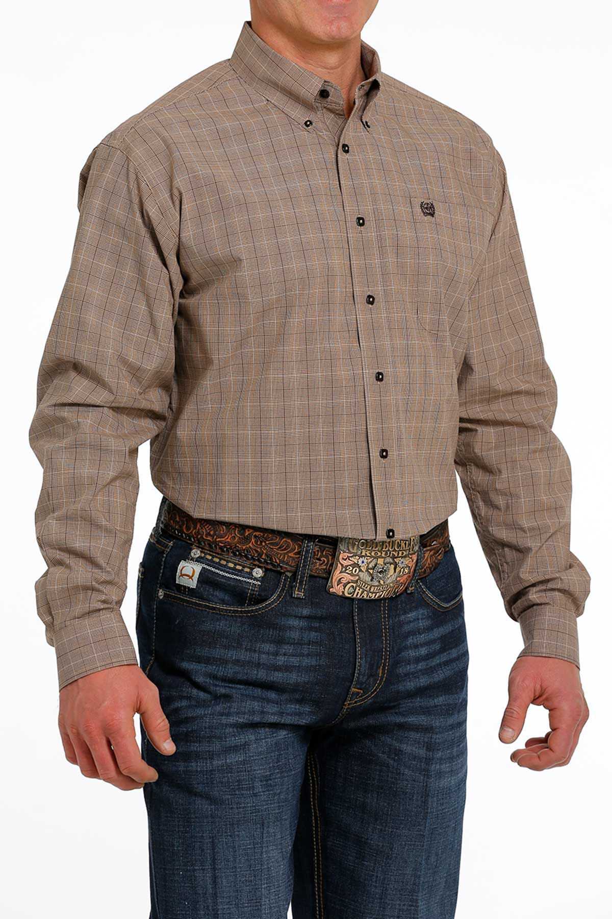 Cinch® Men's Khaki Plaid Print Long Sleeve Button Front Western Shirt