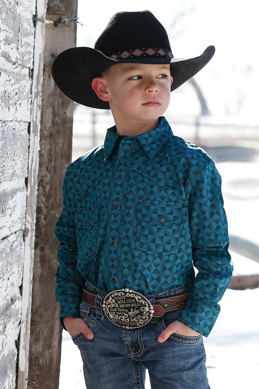 Cinch® Boy's Teal Print Long Sleeve Button Front Western Shirt