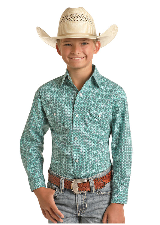 Panhandle Slim® Boy's Rock N Roll Turquoise Print Long Sleeve Snap Front Western Shirt