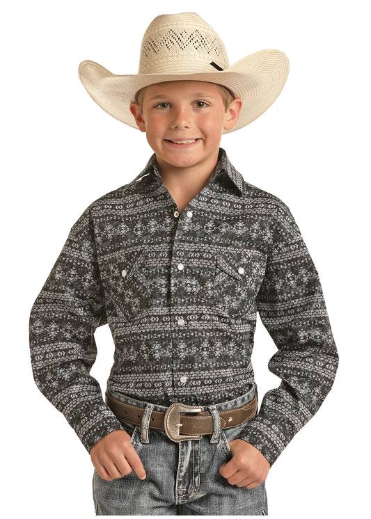 Panhandle Slim® Boys Black Paisley Rock N Roll Long Sleeve Snap Front Western Shirt