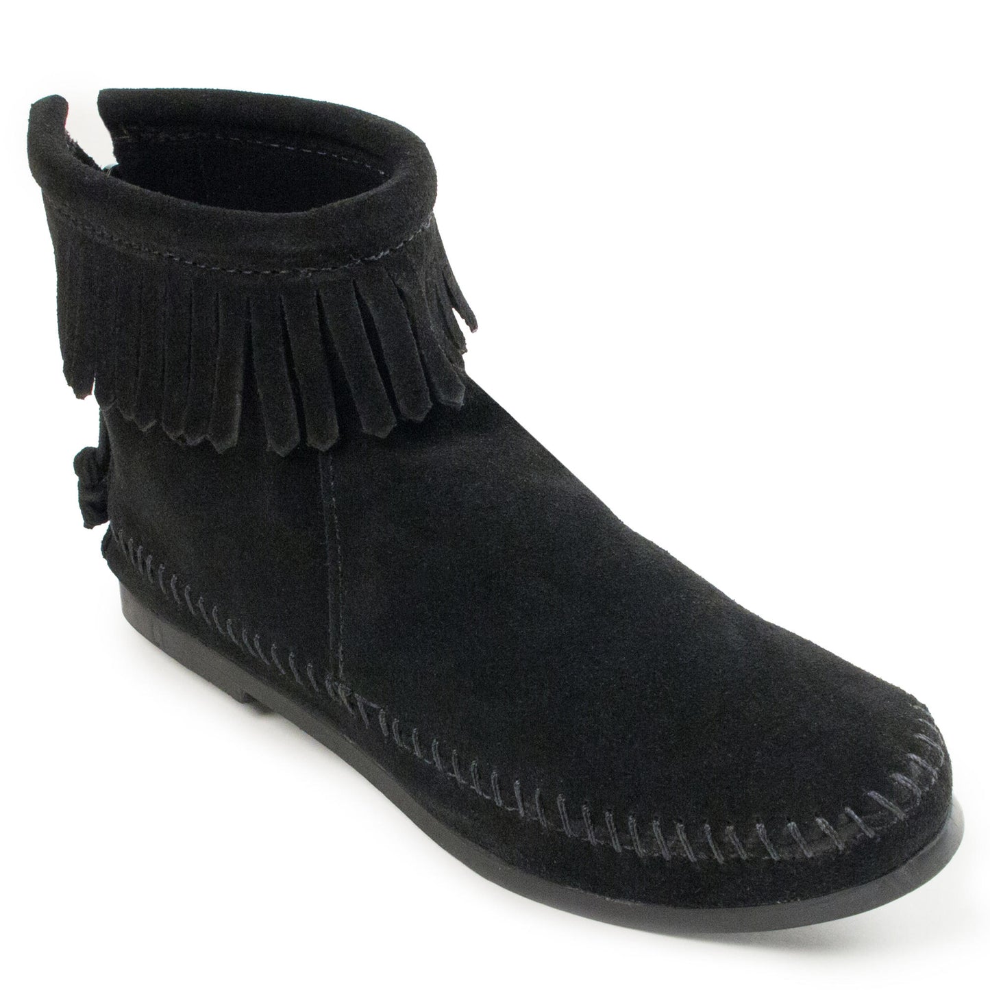 Minnetonka® Women's Black Fringed Hard Sole Suede Leather Ankle Boots