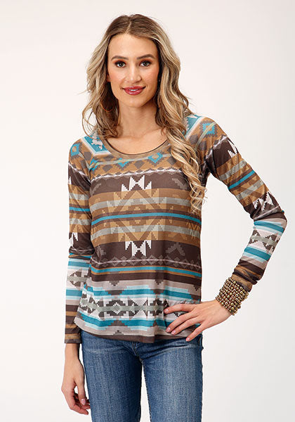 Roper® Women's Brown Aztec Print Long Sleeve Jersey Top
