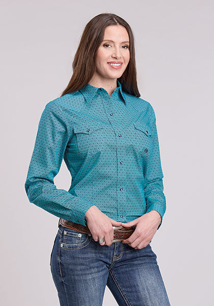 Roper® Women's Turquoise Geo Print Long Sleeve Snap Front Western Shirt