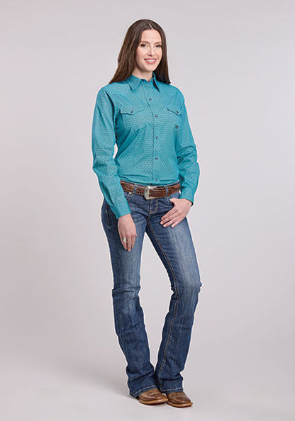 Roper® Women's Turquoise Geo Print Long Sleeve Snap Front Western Shirt