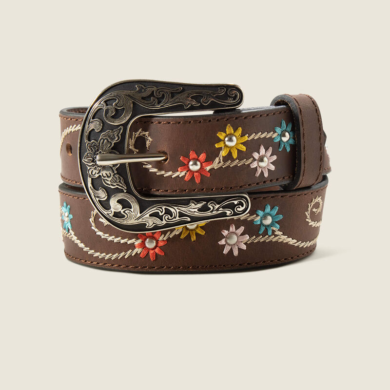 Ariat® Girl's Embroidered Multi Colored Flowers Leather Belt