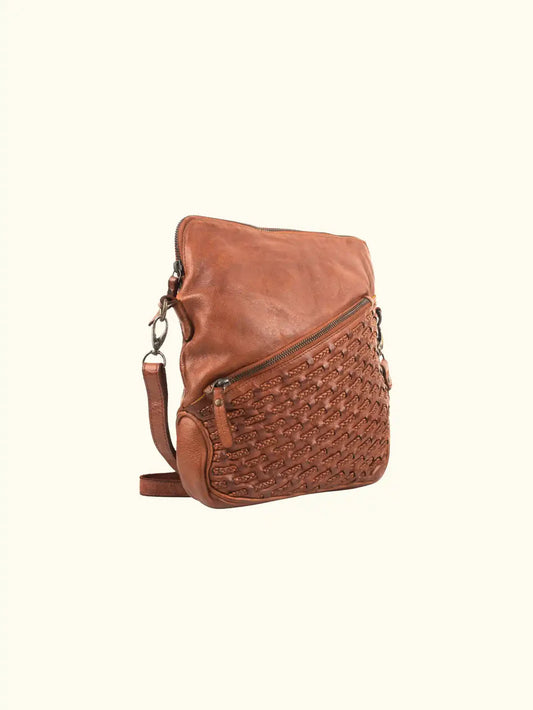 MIlo® Basket Weave Cognac Washed Leather Crossbody Handbag