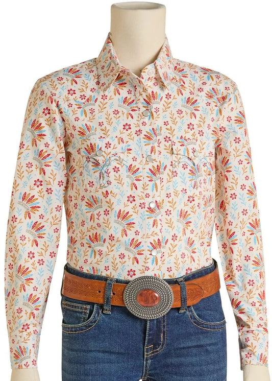Panhandle Slim® Girls Cream Floral Print Long Sleeve Snap Front Western Shirt