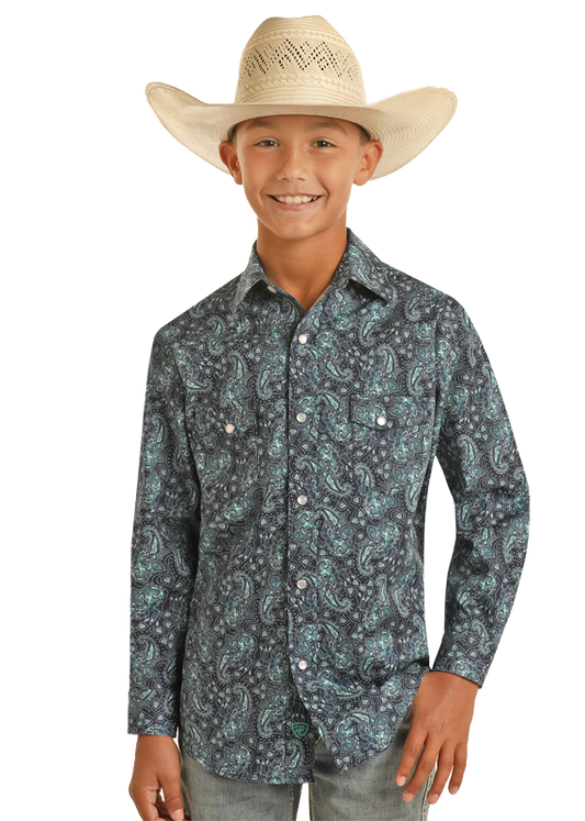 Panhandle Slim® Boys Blue Paisley Long Sleeve Snap Front Western Shirt