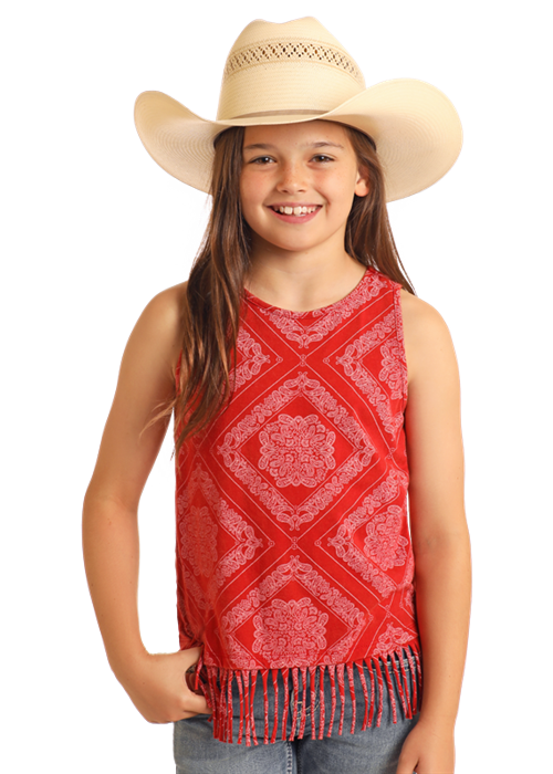 Panhandle Slim® Girls Red Bandana Print Fringed Tank Top