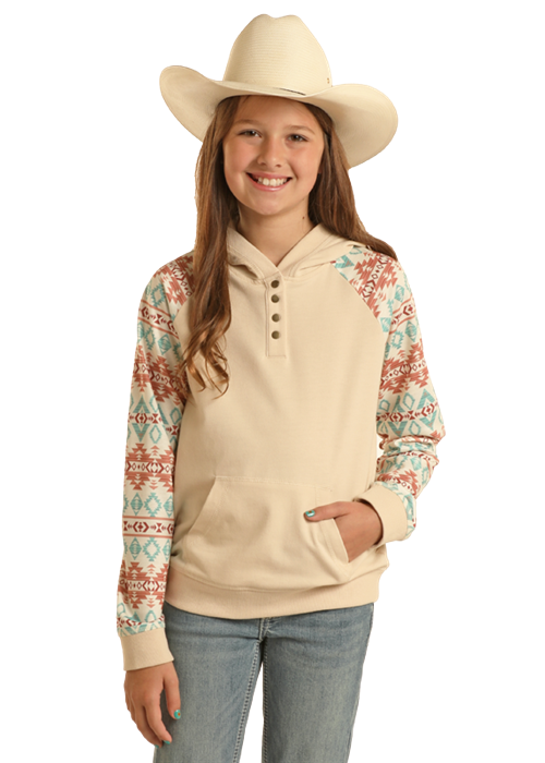 Panhandle Slim® Girl's Contrast Southwest Print Sleeve Hoodie