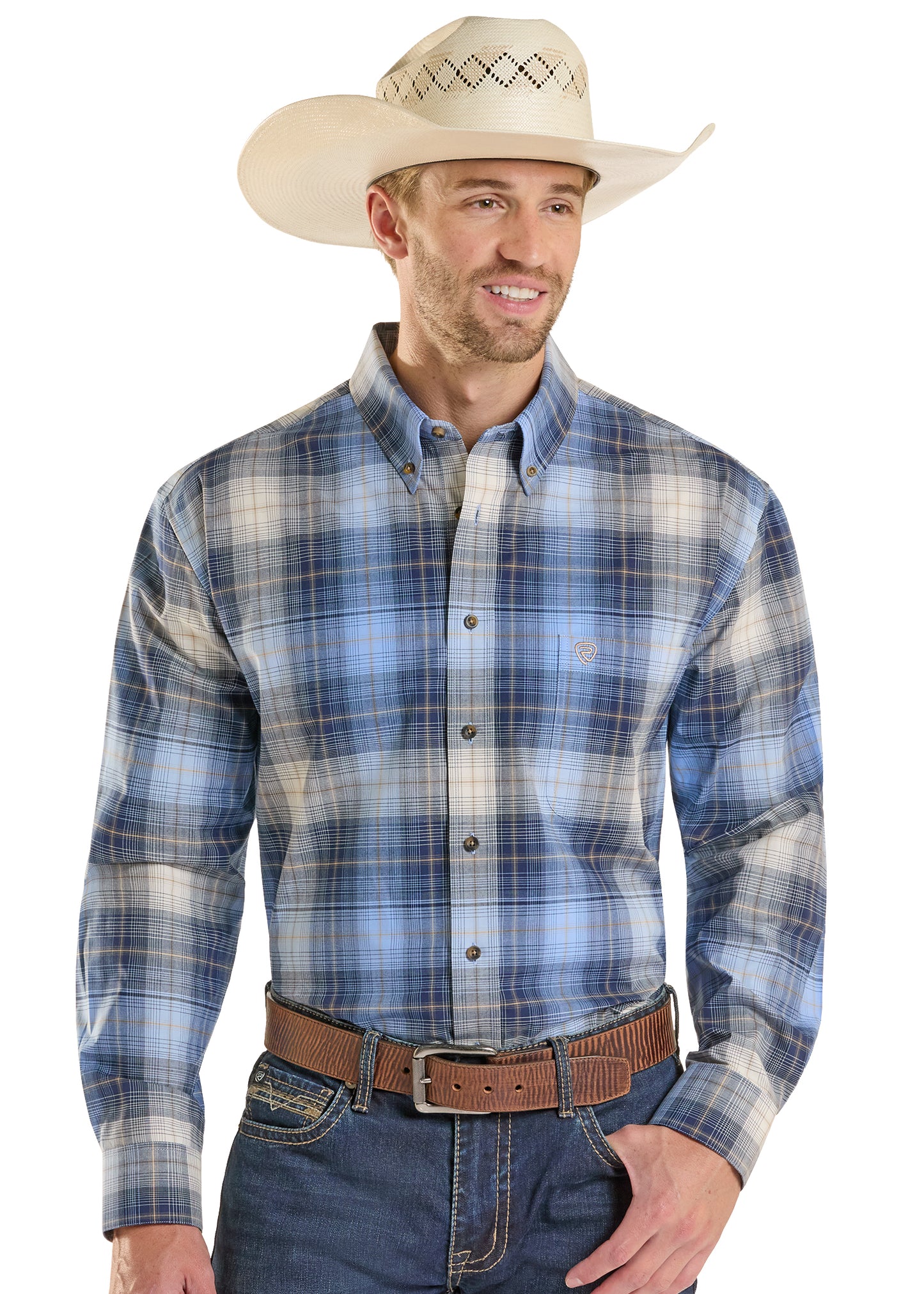 Panhandle Slim® Men's Rock N Roll Blue Plaid Long Sleeve Snap Front Western Shirt