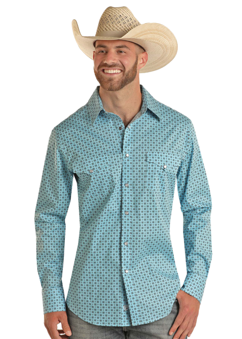 Panhandle Slim® Men's Turquoise Geoprint Rock N Roll Long Sleeve Snap Front Shirt
