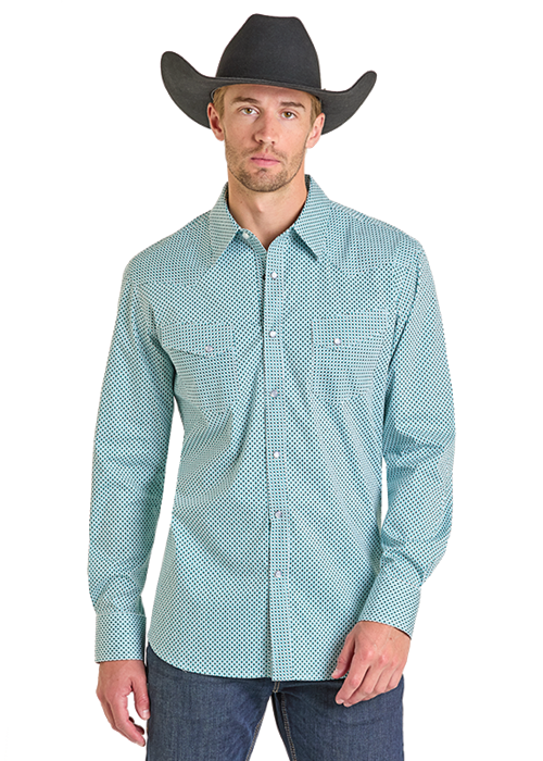 Panhandle Slim® Men's Rock N Roll Teal Geo Print Long Sleeve Snap Front Western Shirt