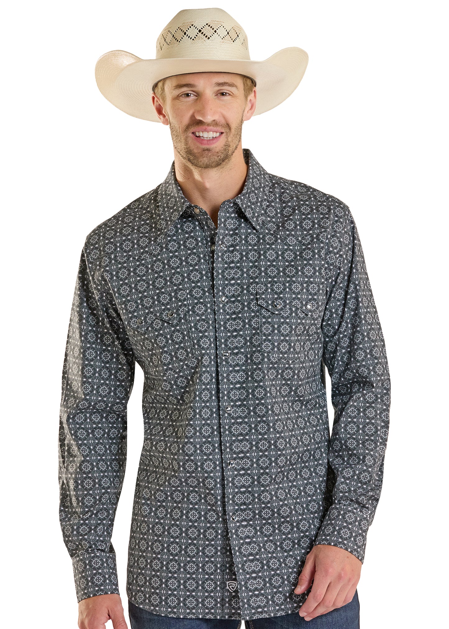 Panhandle Slim® Men's Black Rock N Roll Geo Print Long Sleeve Snap Front Western Shirt