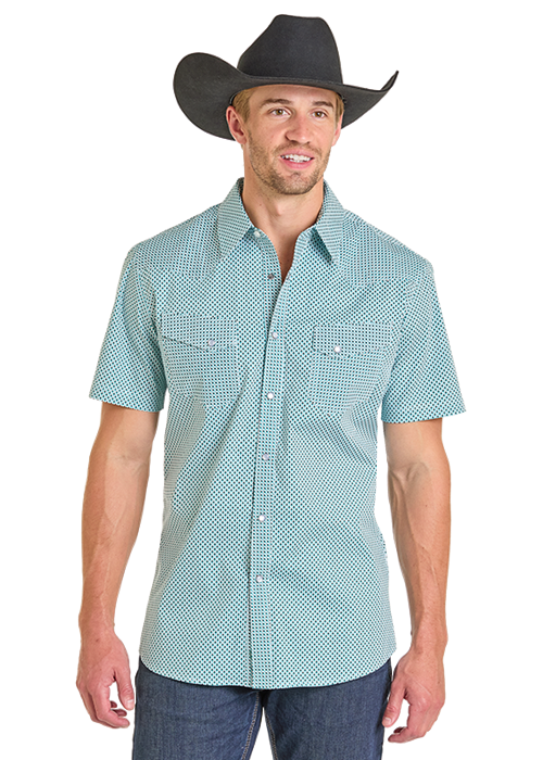 Panhandle Slim® Men's Rock N Roll Teal Geo Print Short Sleeve Snap Front Western Shirt