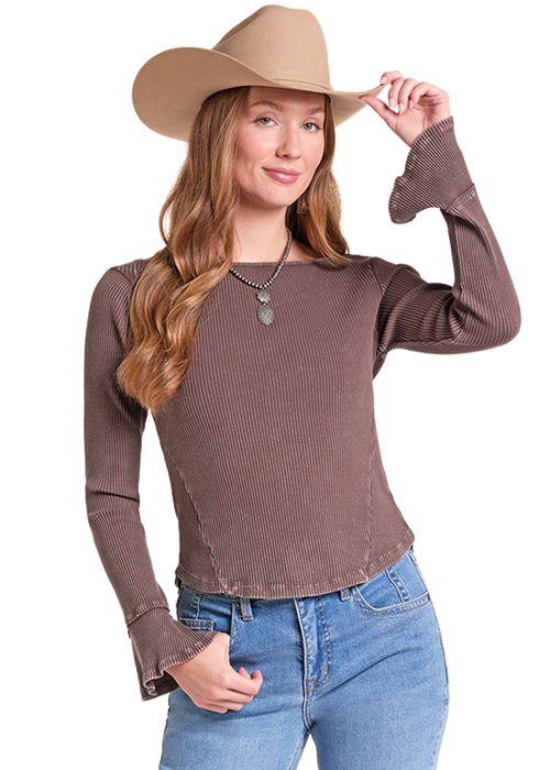 Panhandle Slim® Women's Rock N Roll Brown Rib Knit Long Sleeve Top