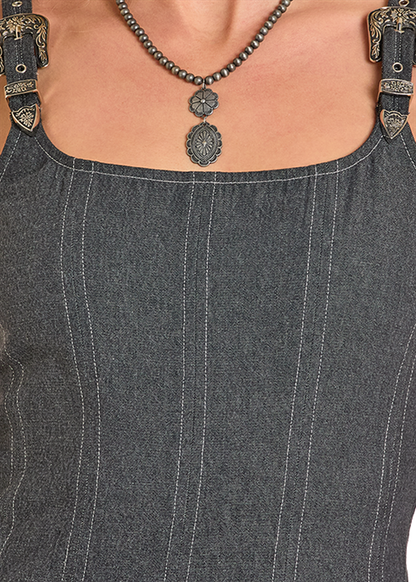 Panhandle Slim® Women's Black Buckle Strap Denim Maxi Dress